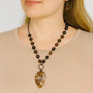 Anju TIGEREYE and FOSSIL CORAL Beads Chain Pendant Necklace